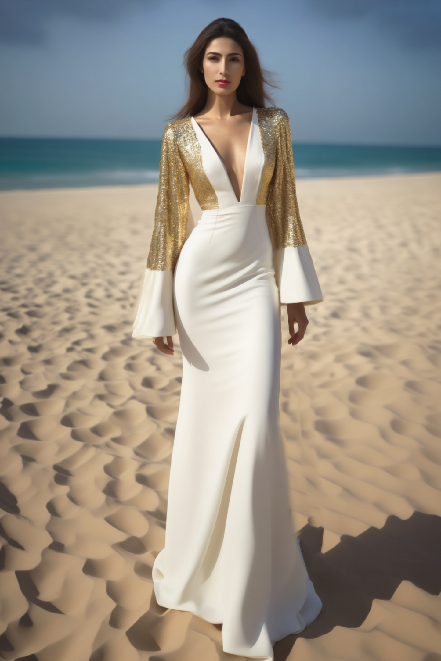 Evening Formal Dress Golden Deep V Sequin Floor-Length Dress