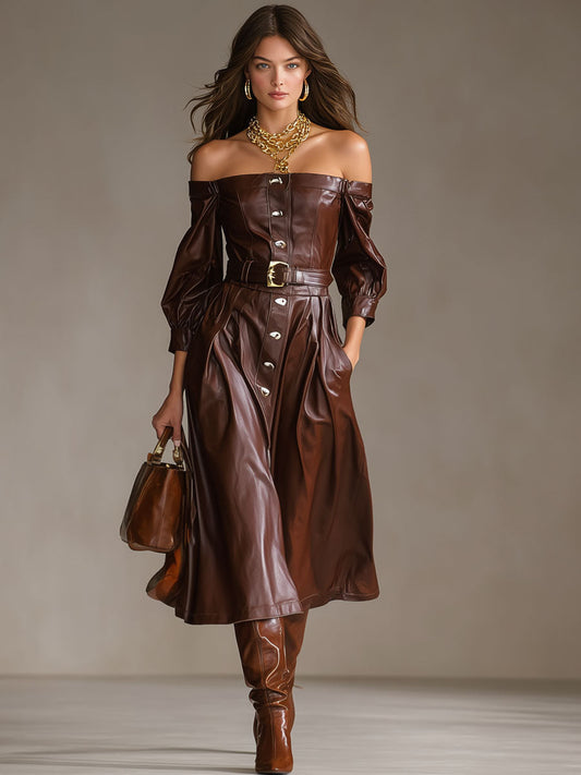 Elegant Faux Leather Off-the-shoulder Long-sleeved Button Midi Dress