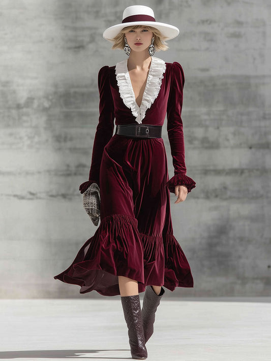 Fashion Retro Burgundy Velvet Midi Dress