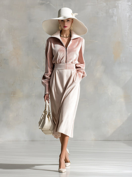 Fashion Casual Light Pink Velvet Lapel Zipper Long Sleeve Midi Dress