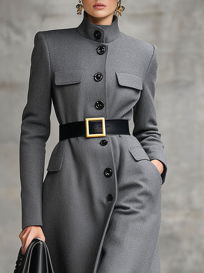 Elegant And Fashionable Gray Button Mid-Length Woolen Coat