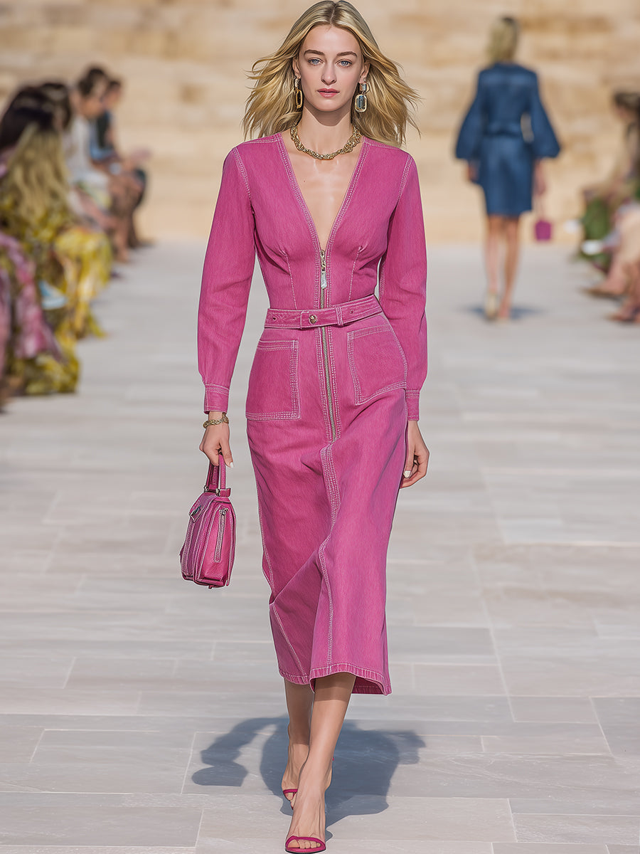 Exquisite And Fashionable V-neck Dragon Fruit Color Denim Midi Dress