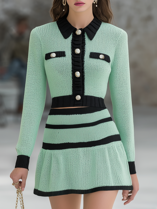 Elegant Vintage Contrast Trim Knitted Cardigan And Skirt Set