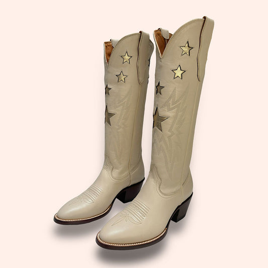 Beige Stars Embroidered Round Toe Chunky Heel Knee-High Cowgirl Boots