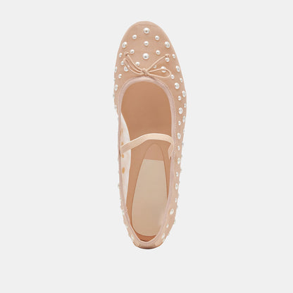 Beige Mesh Round Toe Flat Pearl Sophisticated Embellished Ballet Shoes