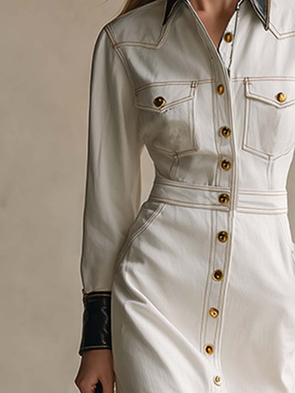 Fashionable And Elegant Leather-trimmed White Denim Button-down Maxi Dress