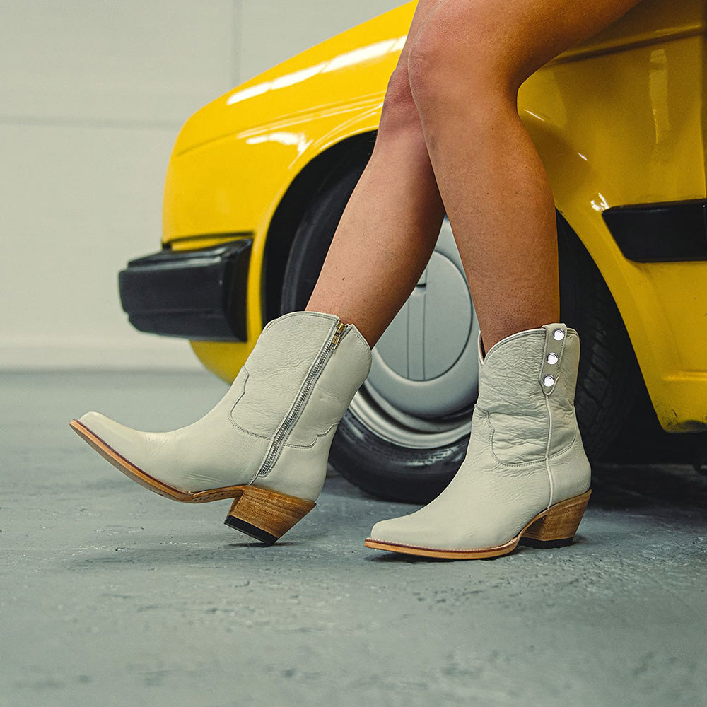 Elegant White Pointed Toe Studded Short Western Boots for Women