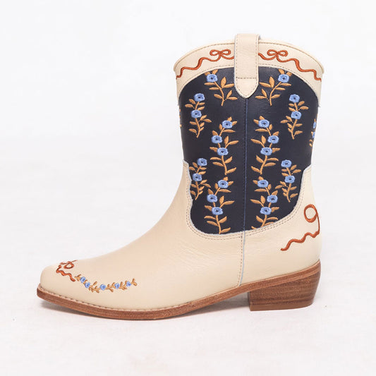 Beige and Navy Flower Embroidered Snip Toe Short Cowgirl Boots