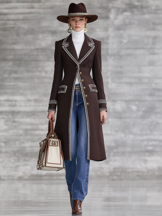 Fashion Retro Ribbon Trim Chocolate Wool Long Coat