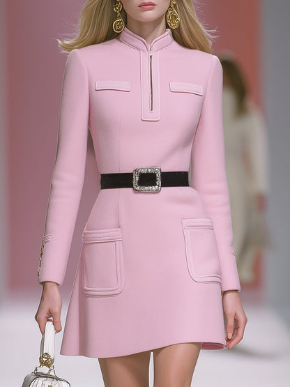 Elegant And Fashionable Pink Stand-up Collar Half-zip Mini Dress