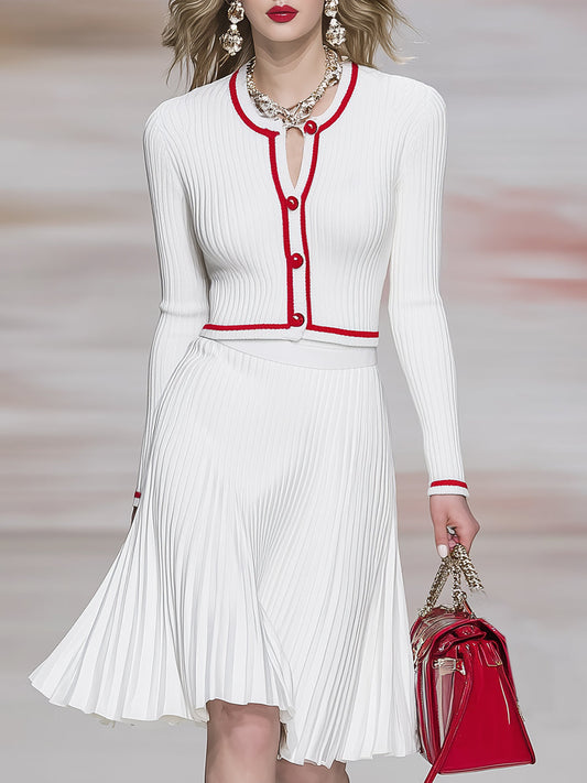 Fashionable And Elegant Red Trim Button White Knitted Cardigan Pleated Skirt Set