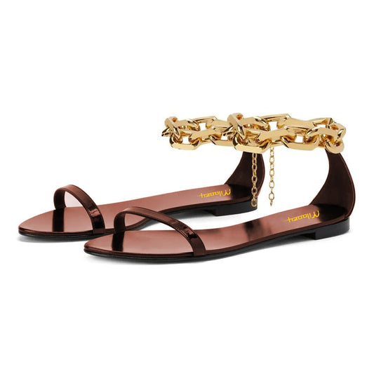 Fashion Brown Open Toe Gold Chain Flat Sandals for Women