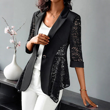 Elegant Lace Patchwork Peak Lapel 3/4 Sleeve One Button Blazer