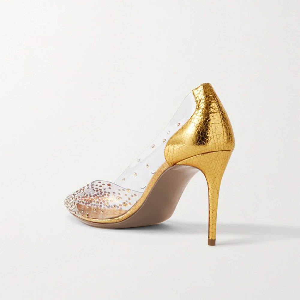 Gold & Clear PVC Pointed Toe Stiletto Heel Pumps