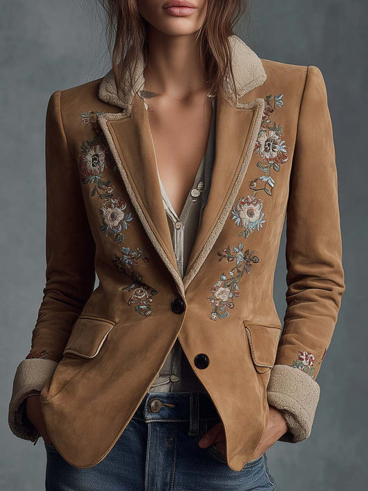 Embroidered Suede Blazer With Shearling Trim