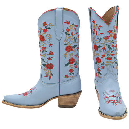 Embroidered Floral Snip Toe Mid-Calf Light Blue Cowgirl Boots