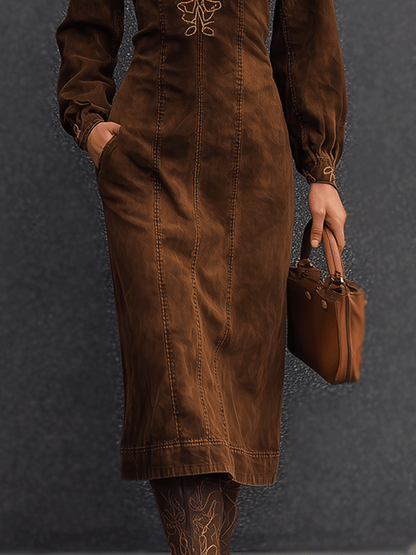 Embroidered Brown Suede Midi Dress