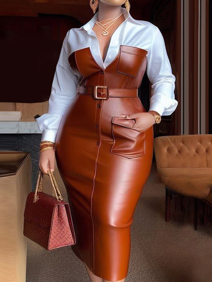 Shirt Collar Long Sleeve PU Leather Patchwork Belt Midi Dress