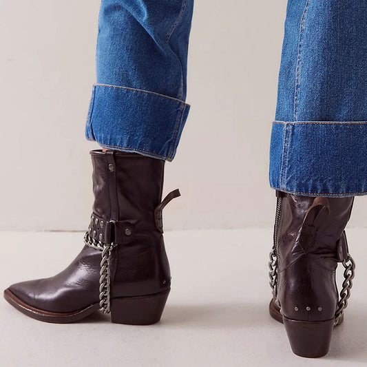 Dark Brown Pointed Toe Studded Western Cowgirl Boots for Women