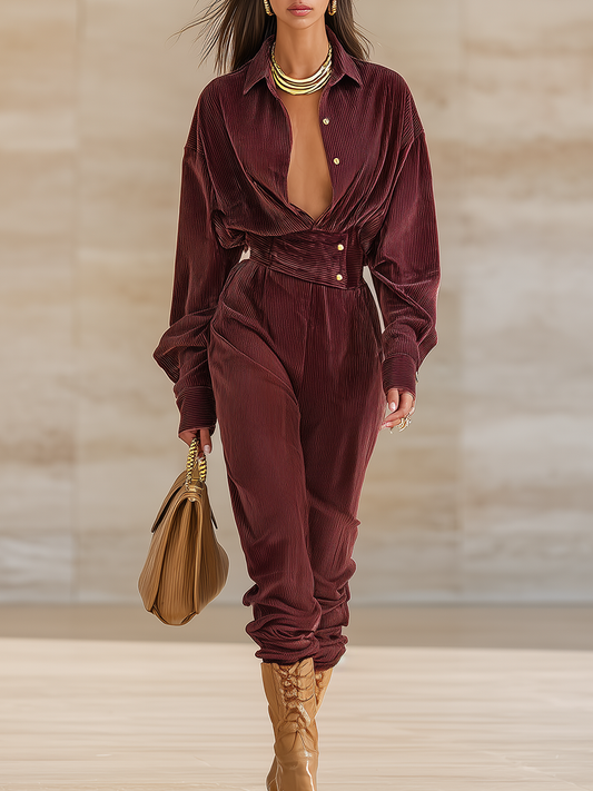 Elegant Stylish Long Sleeve Corduroy Jumpsuit