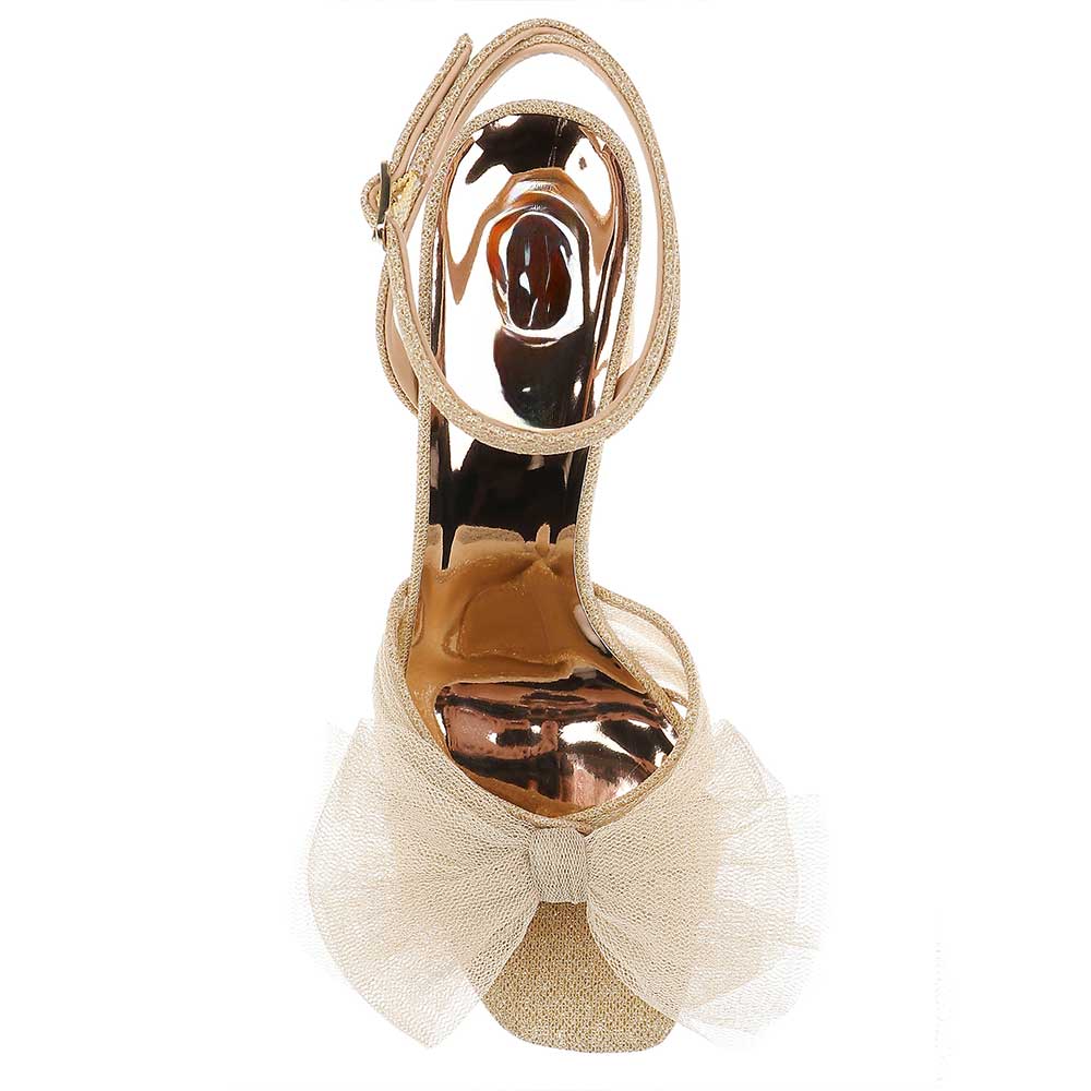 Full-Gold Fabric Bow Inlay Ankle Strap Block Heel Classy Sandals