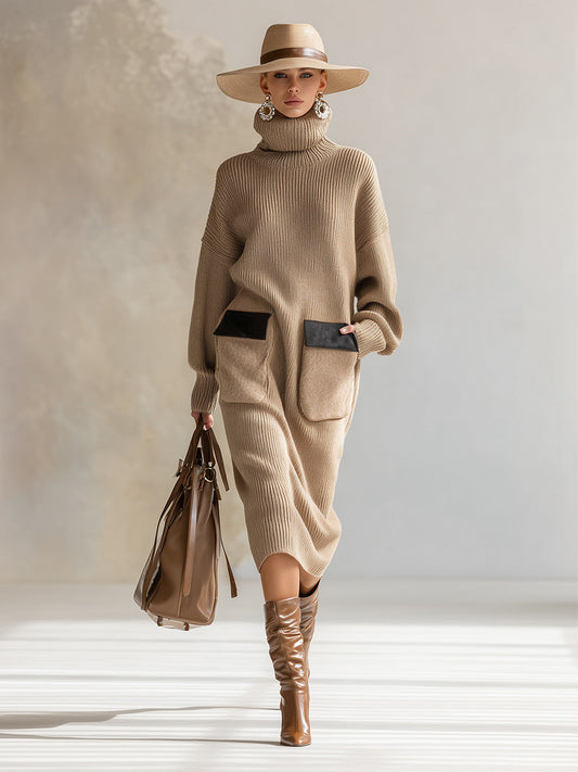 Fashionable Lazy High-neck Khaki Knitted Pocket Midi Dress