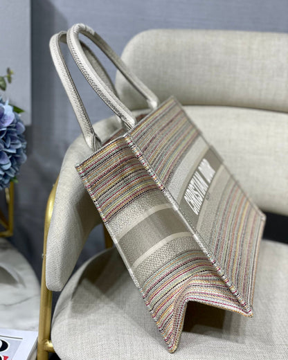 DI Medium Book Tote Bag Canvas Stripes Embroidery For Women 36cm/16.5in CD