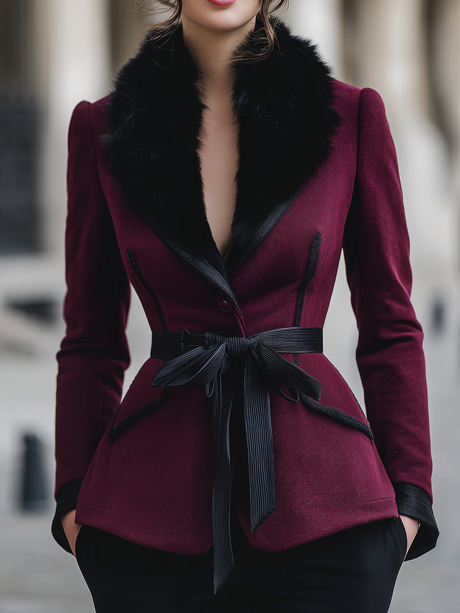 Elegant Burgundy Tailored Coat With Faux Fur Collar & Ribbon Belt