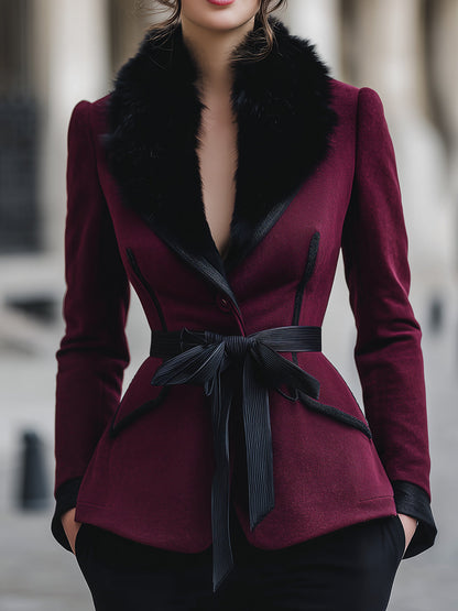 Elegant Burgundy Tailored Coat With Faux Fur Collar & Ribbon Belt