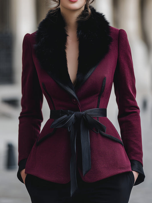 Elegant Burgundy Tailored Coat With Faux Fur Collar & Ribbon Belt