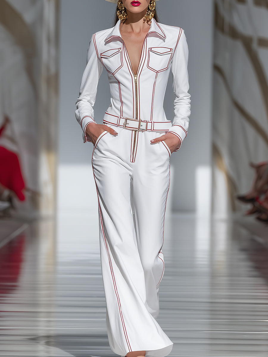 Fashionable And Capable Red Topstitched White Wide-leg Jumpsuit