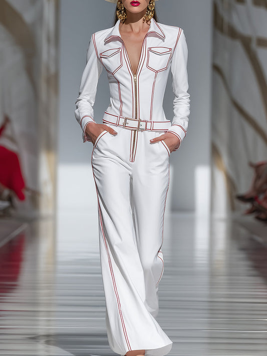 Fashionable And Capable Red Topstitched White Wide-leg Jumpsuit