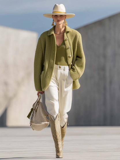 Fashionable And Versatile Fruit Green Polar Fleece Small Lapel Front Button Jacket Coat