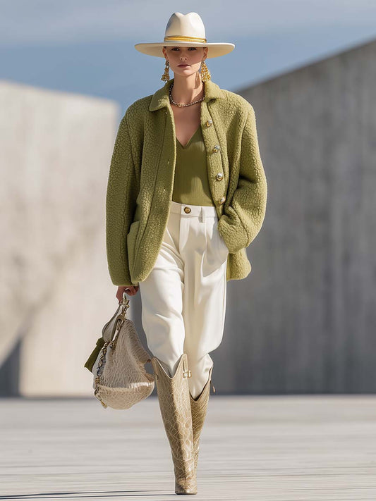 Fashionable And Versatile Fruit Green Polar Fleece Small Lapel Front Button Jacket Coat
