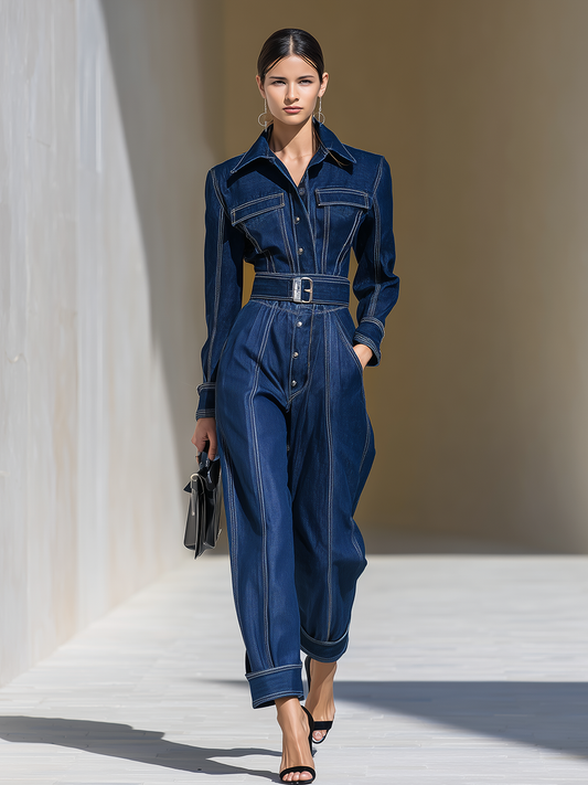 Fashion Retro Lapel Long-sleeved Denim Jumpsuit