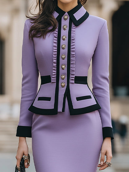 Elegant  Lavender Contrast-Trim Buttoned Skirt Suit