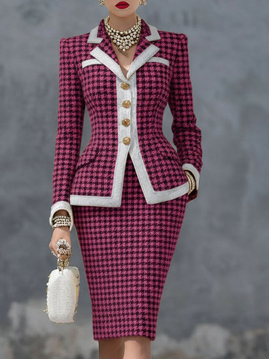 Elegant Houndstooth Blazer And Skirt Set