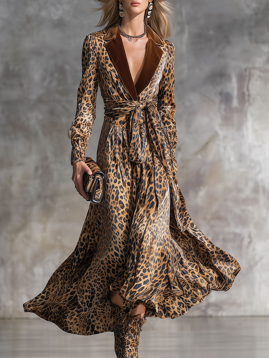 Fashion Retro Leopard Print Lapel Velvet Midi Dress