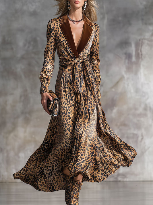 Fashion Retro Leopard Print Lapel Velvet Midi Dress