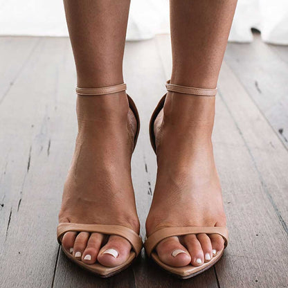 Beige Pointed Toe 3'' Stiletto Heel Buckled Ankle Strap Sandals