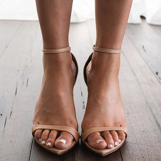 Beige Pointed Toe 3'' Stiletto Heel Buckled Ankle Strap Sandals