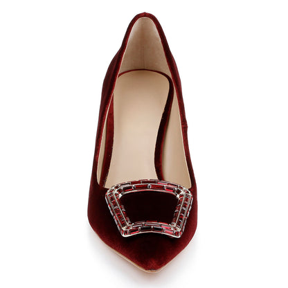 Elegant Velvet Buckle Accent Pointed Toe Slip-On Pumps Heels in Red