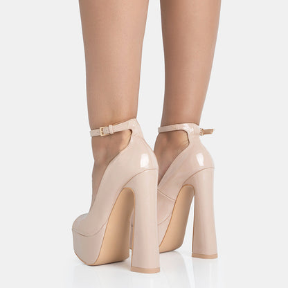 Beige Patent Leather Peep Toe Chunky Heel Ankle Strap Platform Pumps