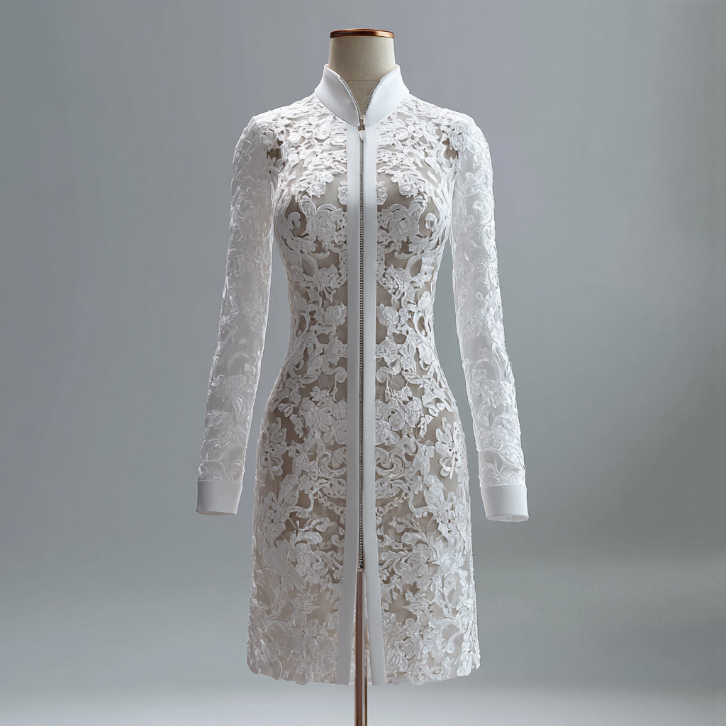 Ursime Lace Mandarin Collar Zipper Long Sleeve Sheath Midi Dress