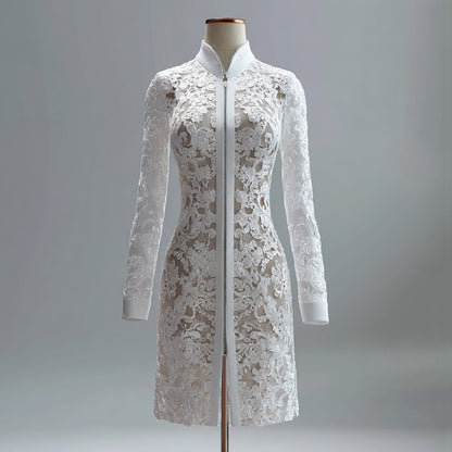 Ursime Lace Mandarin Collar Zipper Long Sleeve Sheath Midi Dress
