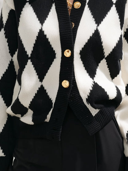 Argyle Button-Up Knit Cardigan With Gold Detailing
