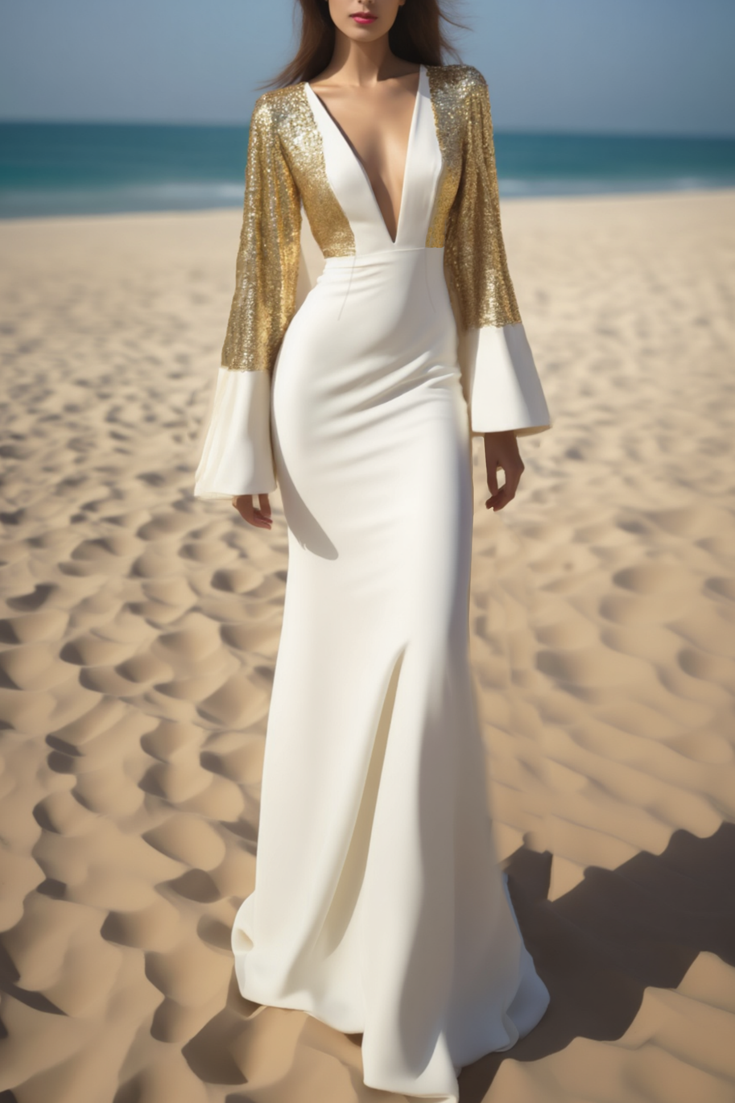 Evening Formal Dress Golden Deep V Sequin Floor-Length Dress