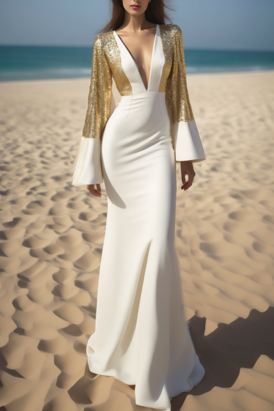 Evening Formal Dress Golden Deep V Sequin Floor-Length Dress