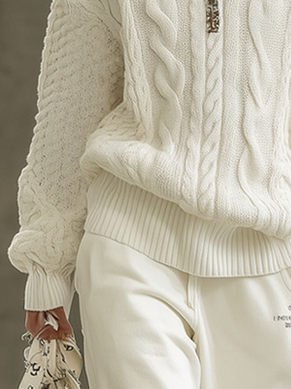 Fashion Retro White Knitted Cable Turtleneck Pullover Sweater