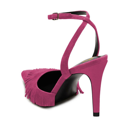 Fuchsia Pointed Toe Fringe Stiletto Heel Ankle Strap Pumps Shoes